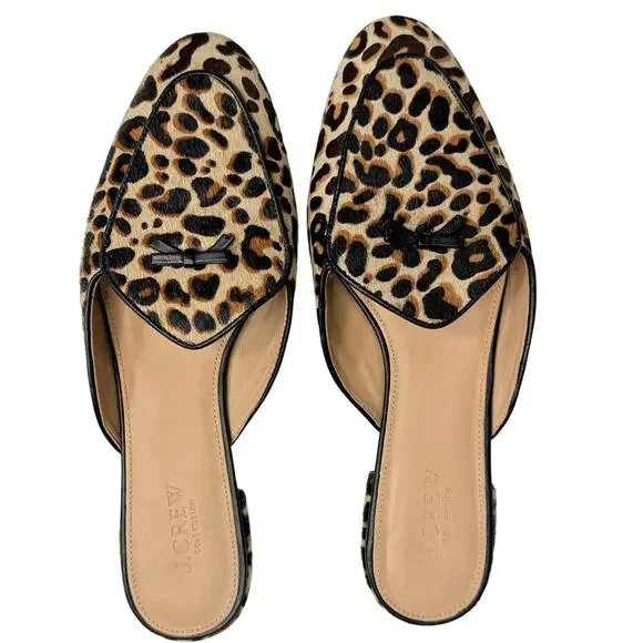 J.Crew Leopard Calf Hair Piped Loafer Mules Women’s Size 9 Leather Slip On Flats - Picture 1 of 7